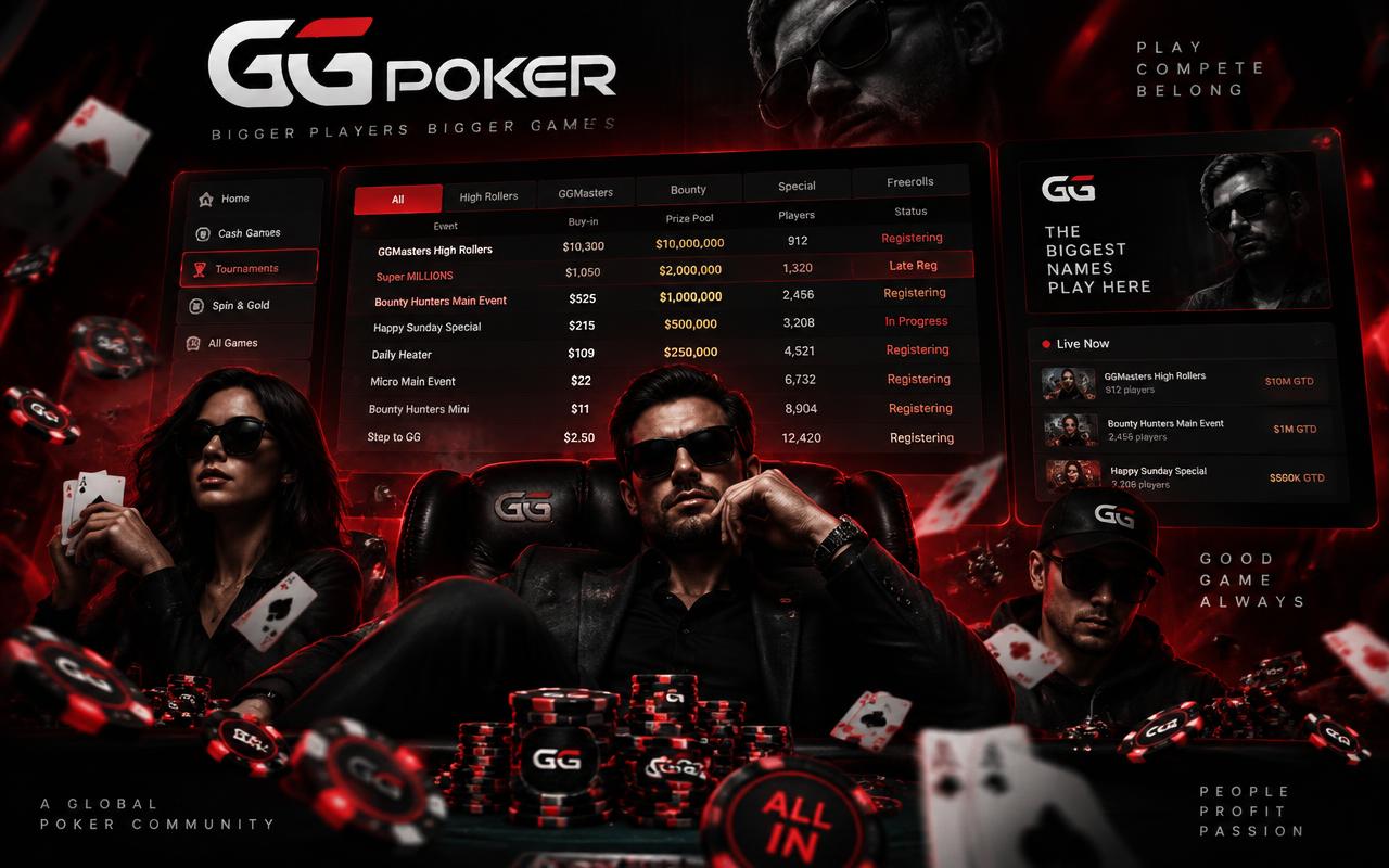 GG Poker tiešsaistes pokera lobijs ar turnīru sarakstu